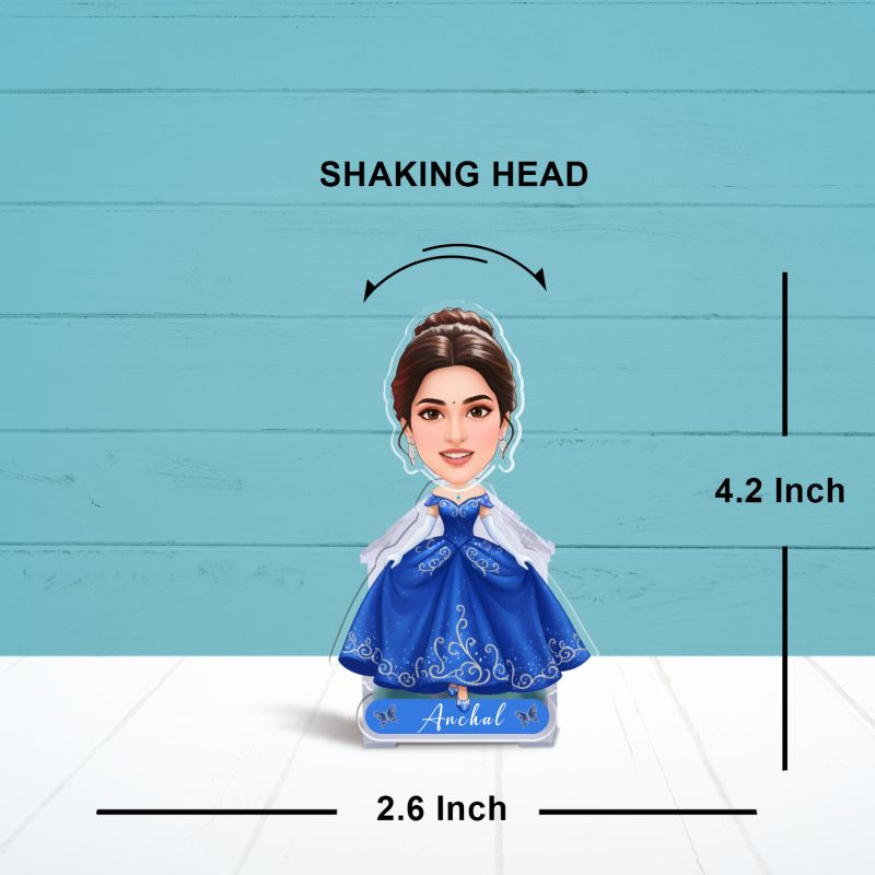 Personalized Cinderella Princess Blue dress Bobblehead Caricature Theme for Kids Birthday Gift, Kids Room & Home Decor Birthday Return Gift for Girls Battery Powered Shaking Head